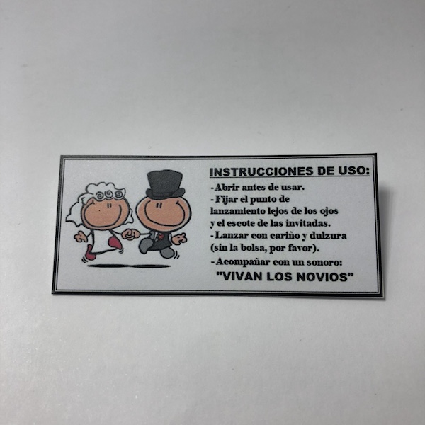 Etiqueta Viva los Novios med 7cm x 3cm para bolsas de arroz en bodas