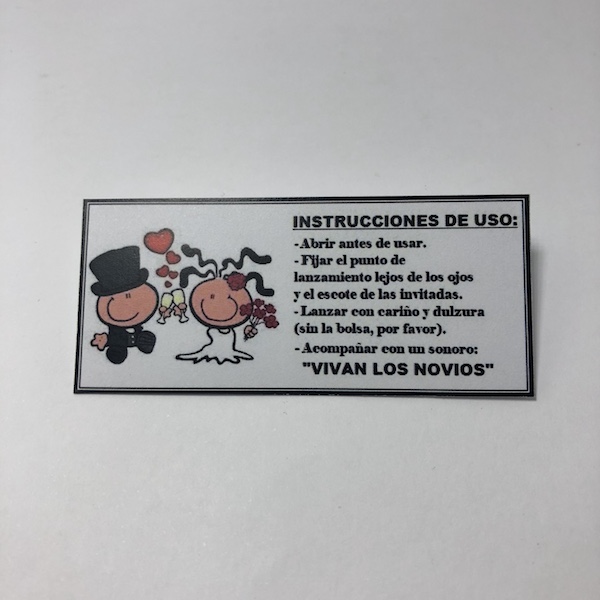 Etiqueta Viva los Novios med 7cm x 3cm para bolsas de arroz en bodas